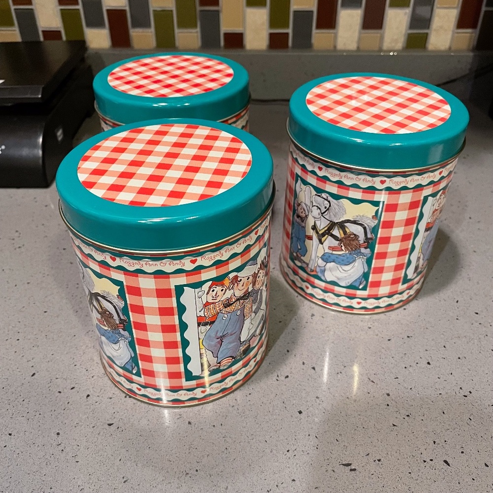 3 Raggedy Ann and Andy vintage tin containers
